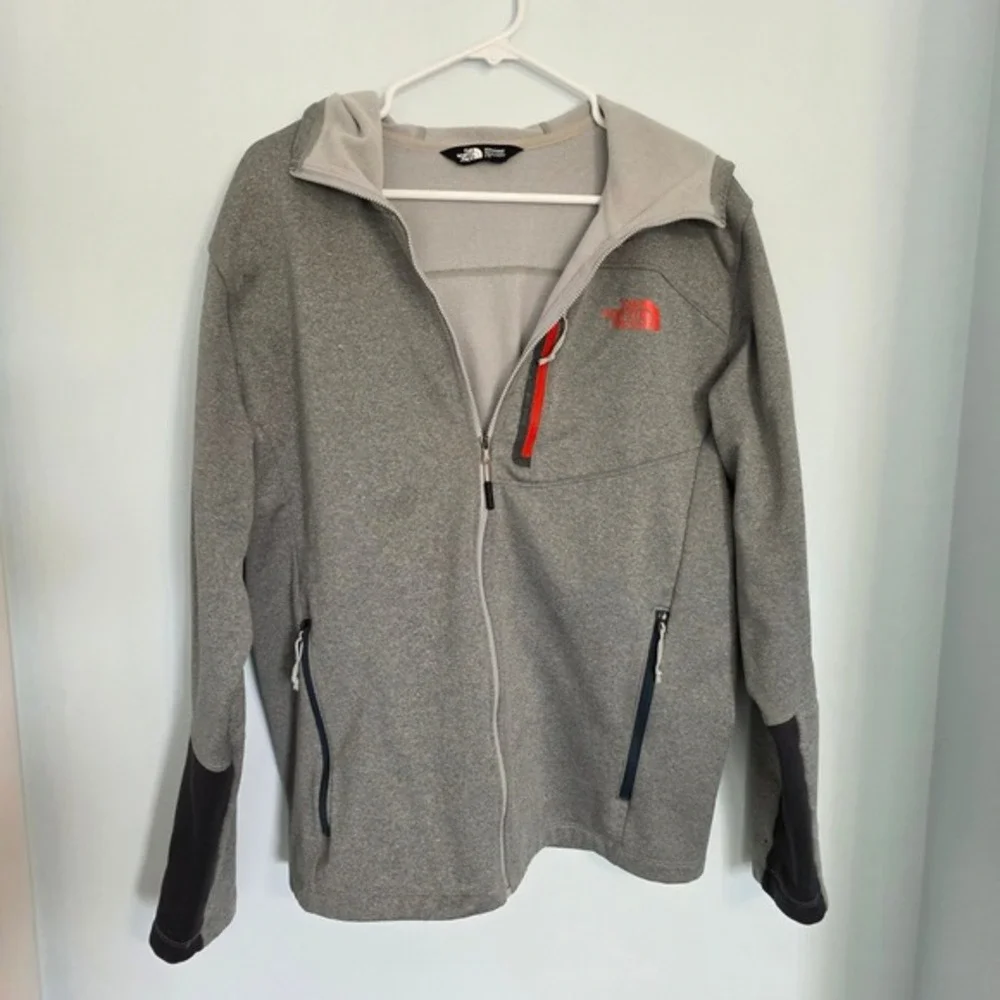 The North Face Mens Large Full Zip Hooded Jacket Heather Grey Red Logo Hiking